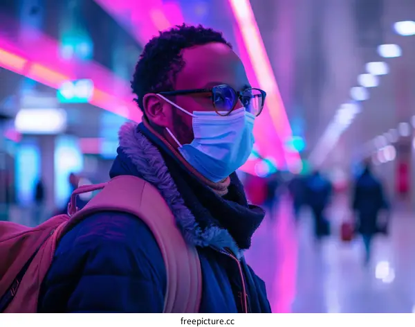 Afro-futurist wearing a mask in a subway station