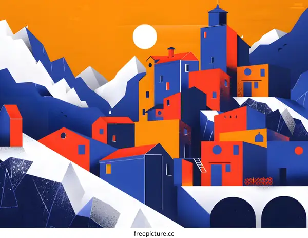 Geometric Illustration of a Village in the Mountains