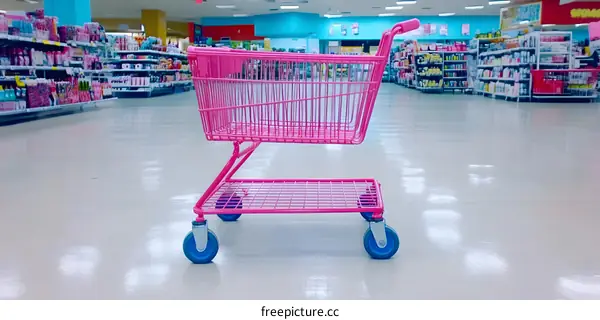 Pink Shopping Cart in Empty Supermarket Aisle