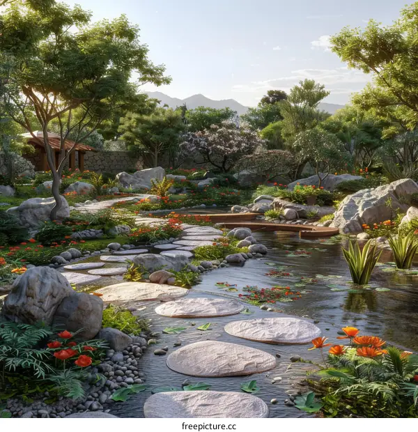Landscaped Garden with Stepping Stones and Gentle Stream