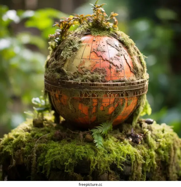 A mossy globe sits on a bed of moss in a forest