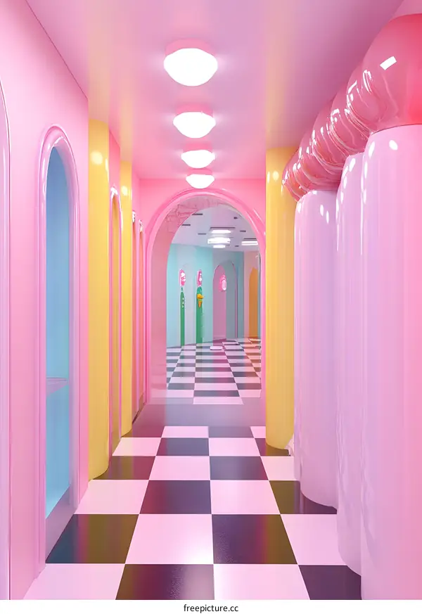 Abstract Colorful Hallway With Checkerboard Floor