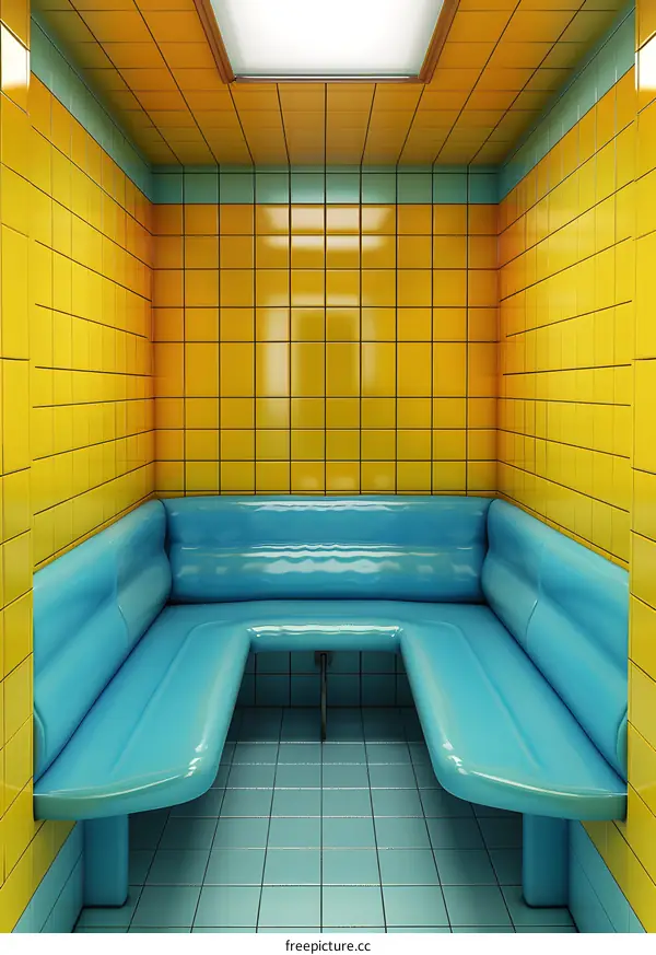 Yellow and Blue Tile Interior Design with Curved Bench