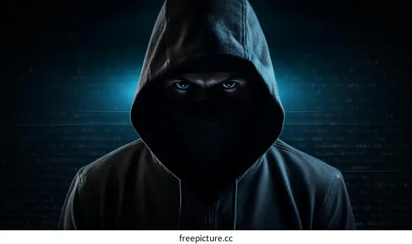 A hacker in a black hoodie with a mask covering his face