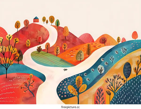 Autumn Landscape with Winding Road and House