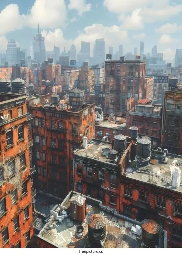 A Run-Down City with Towering Buildings and a Clear Blue Sky