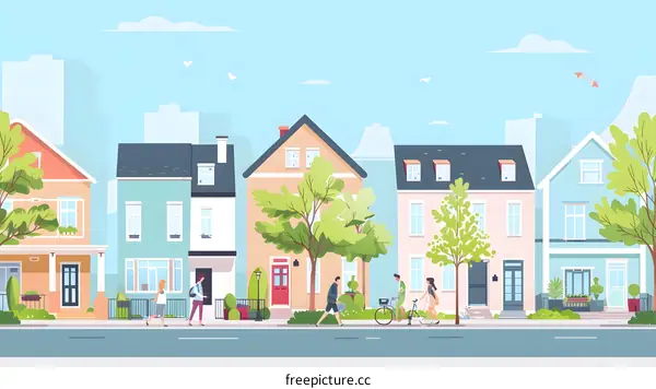 Cartoon Illustration Of A City Street With People Walking And Riding Bikes