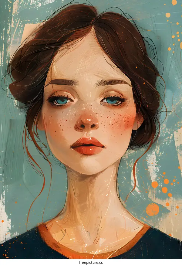 Digital Painting of Woman with Freckles and Blue Eyes