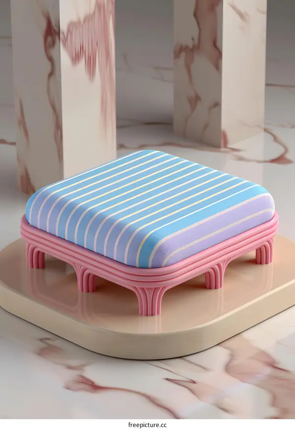 Pink and Blue Striped Ottoman on White Marble Surface