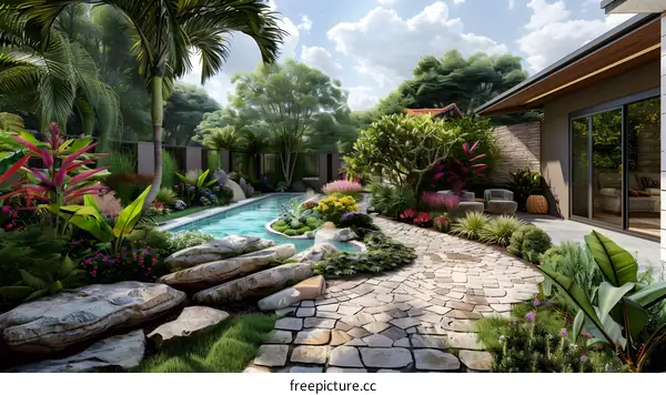 Courtyard with swimming pool and tropical plants