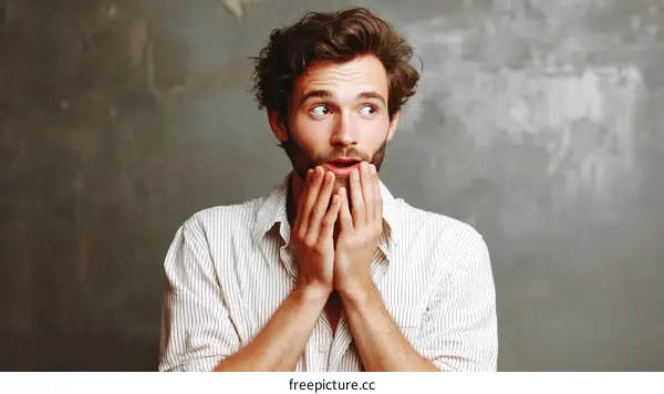 Surprised Man in Casual Outfit Against a Gray Wall