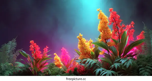 Vibrant Neon Orchid Garden Illustration