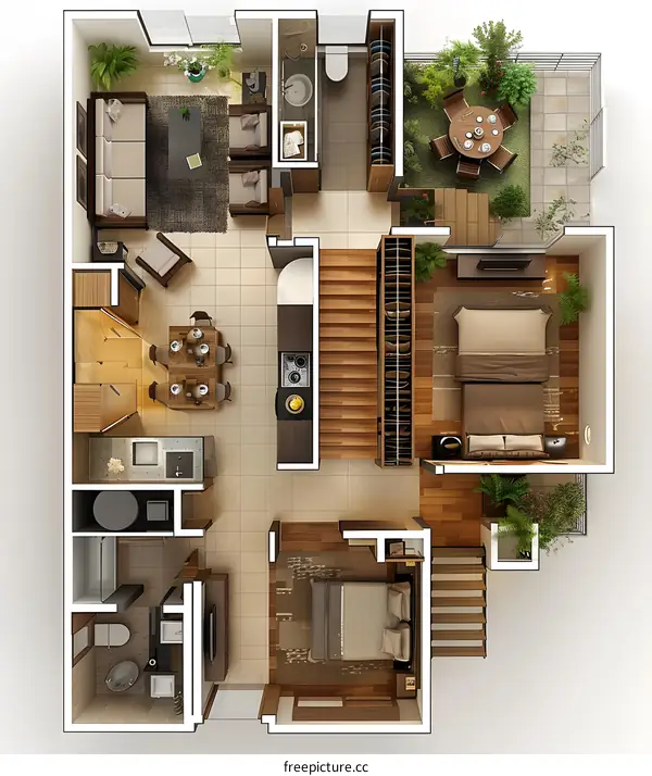 The floor plan of a three-bedroom apartment
