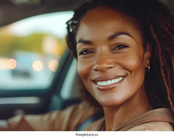 Smiling African American Woman Driving a Car
