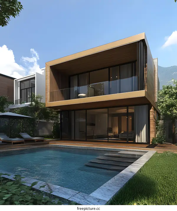 Modern House with Swimming Pool and Wooden Deck