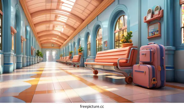 A beautiful train station with a pink suitcase