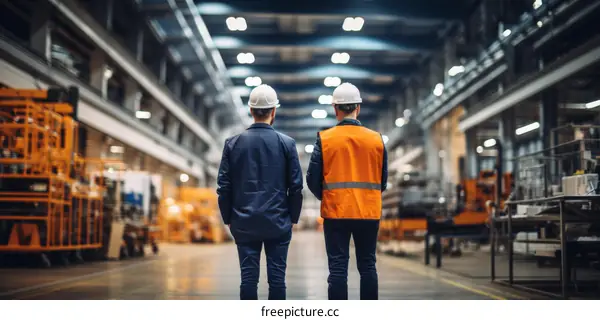 Two workers in hard hats and reflective vests walk through a factory.
