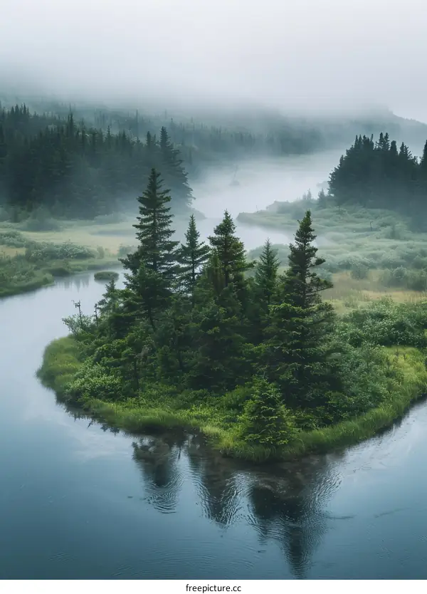 Foggy Lake with a Small, Tree-Covered Island