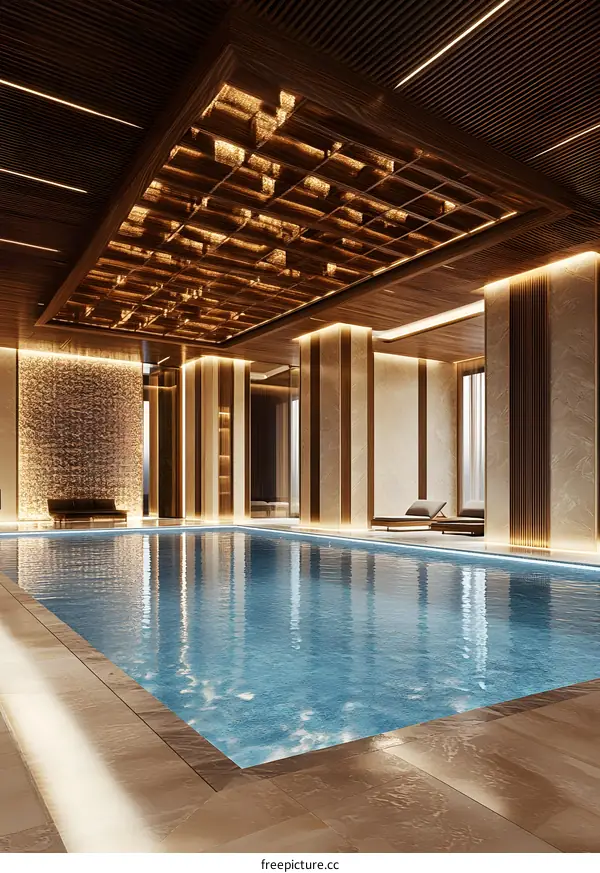 Indoor Swimming Pool With Modern Design and Wooden Ceiling