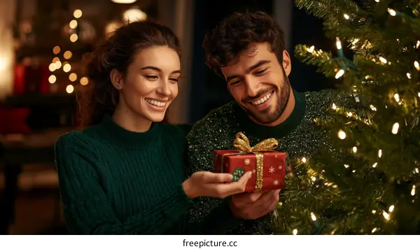 Couple Exchanging Christmas Gift Indoors