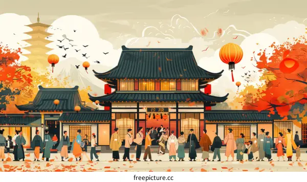 Japanese People in Traditional Clothing Walking on a Street with Traditional Japanese Architecture