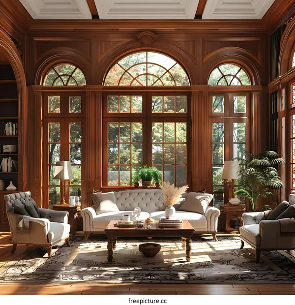 Luxury living room interior with wood paneling