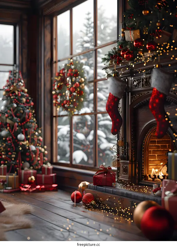 Christmas tree by the fireplace