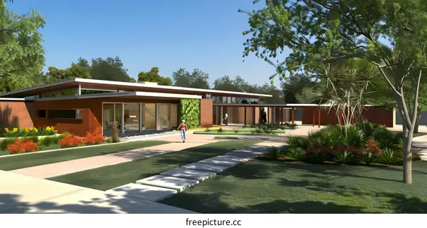 Modern House Design with Lush Greenery and Walkway