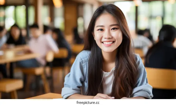 Portrait of a smiling young Asian woman sitting in a cafe