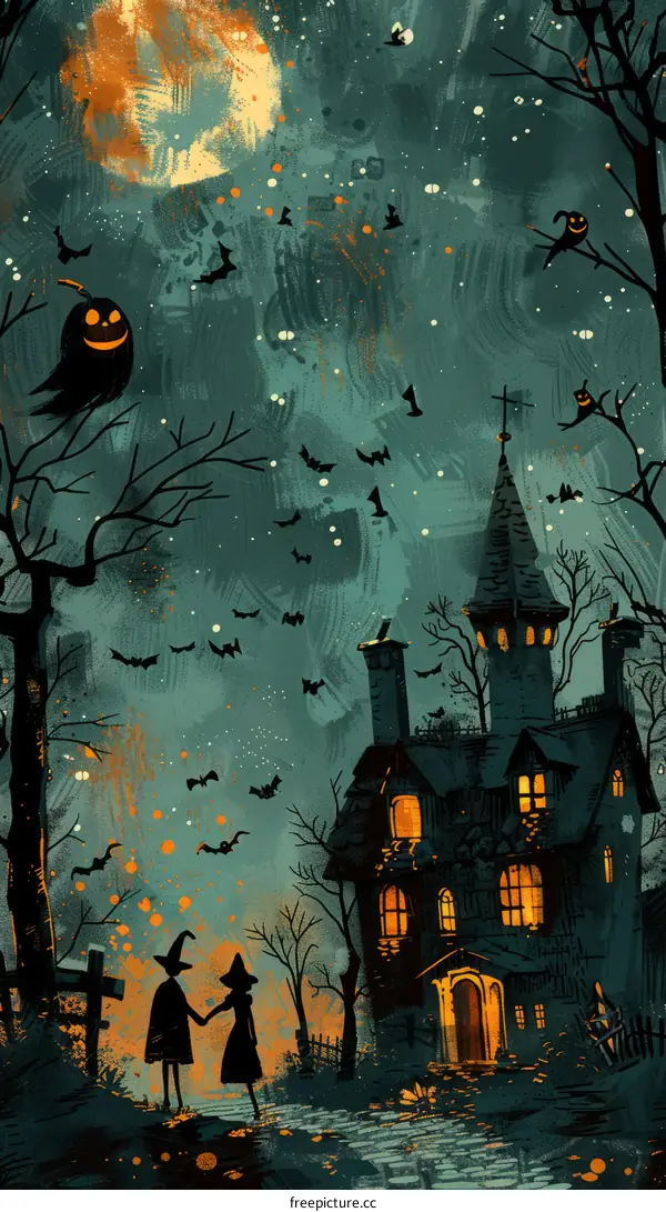 A couple walking towards a haunted house on Halloween night