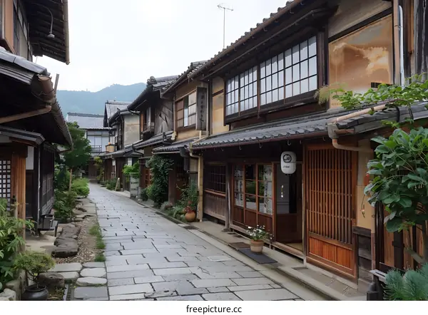 An old street in Japan with traditional wooden houses