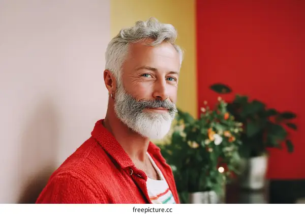 Portrait of a Smiling Gray-Haired Man in a Red Sweater