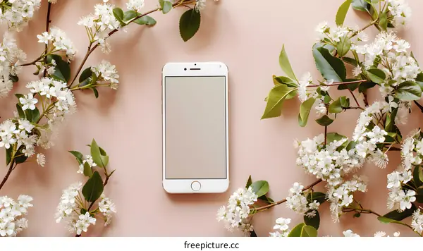 White Flowers and a Smartphone on a Pink Background