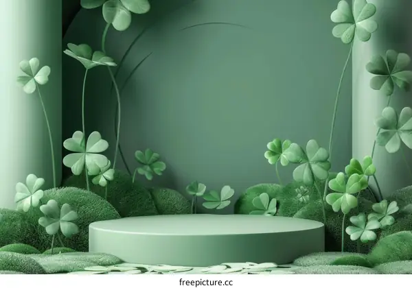 Green podium with clovers for St Patrick's Day. 3D rendering.