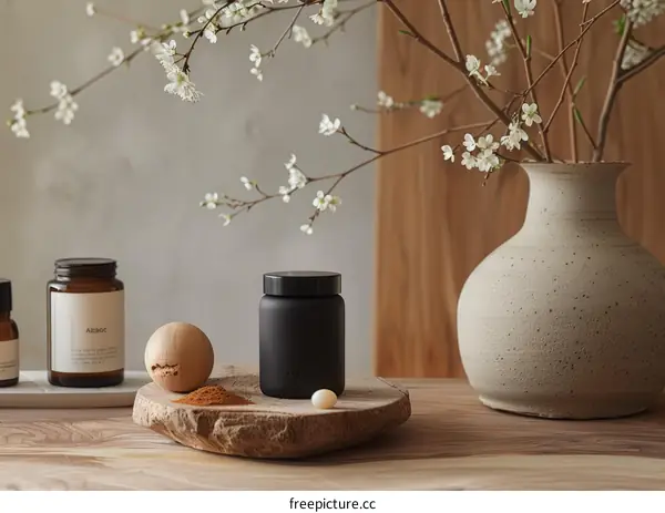 Black jar with supplements on a wooden table
