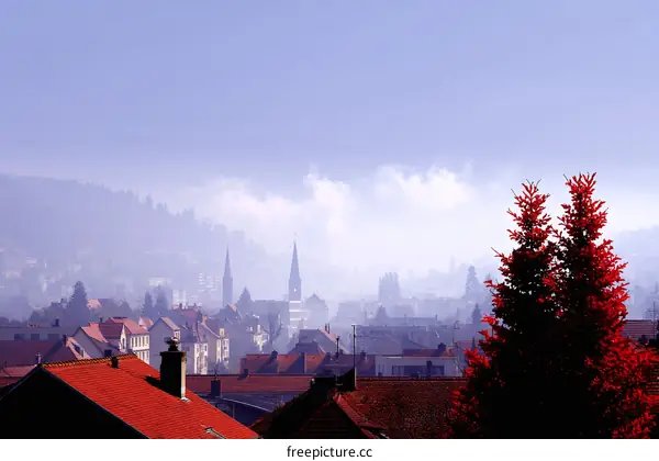 Misty Cityscape with Red Trees