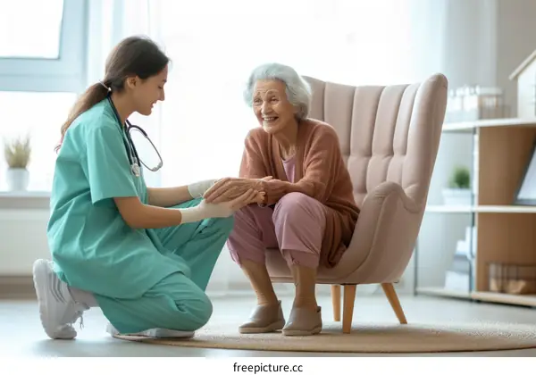Caregiver talking to elderly woman