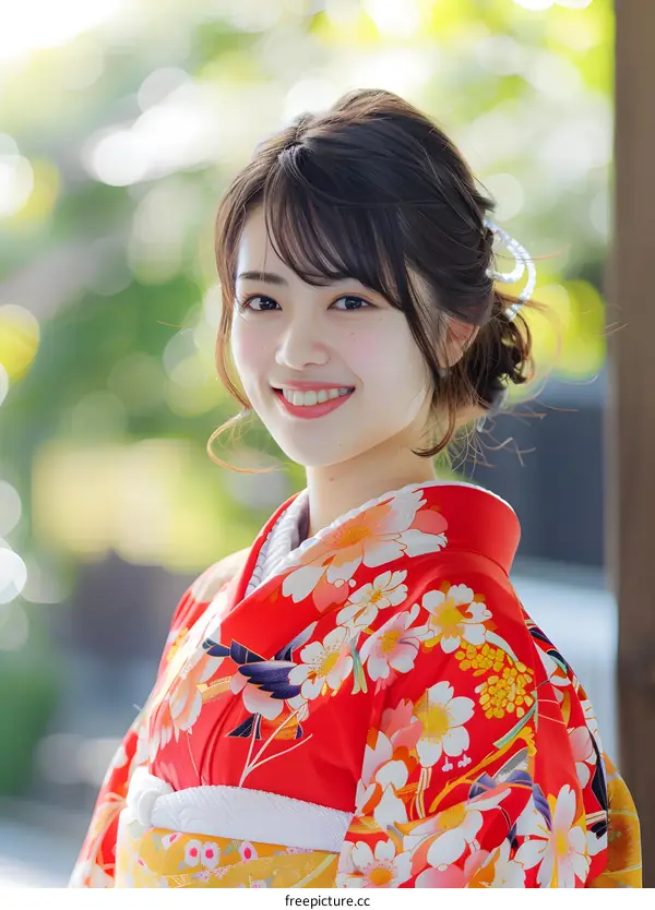 Smiling Japanese Woman in Traditional Red Kimono with Floral Pattern