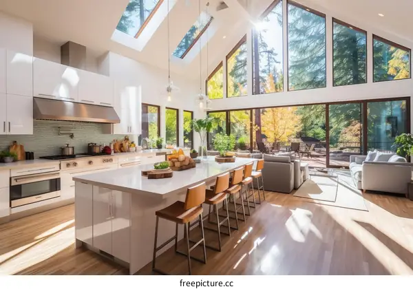 An Open-Concept Living Space Featuring a Kitchen, Dining Area, and Living Room