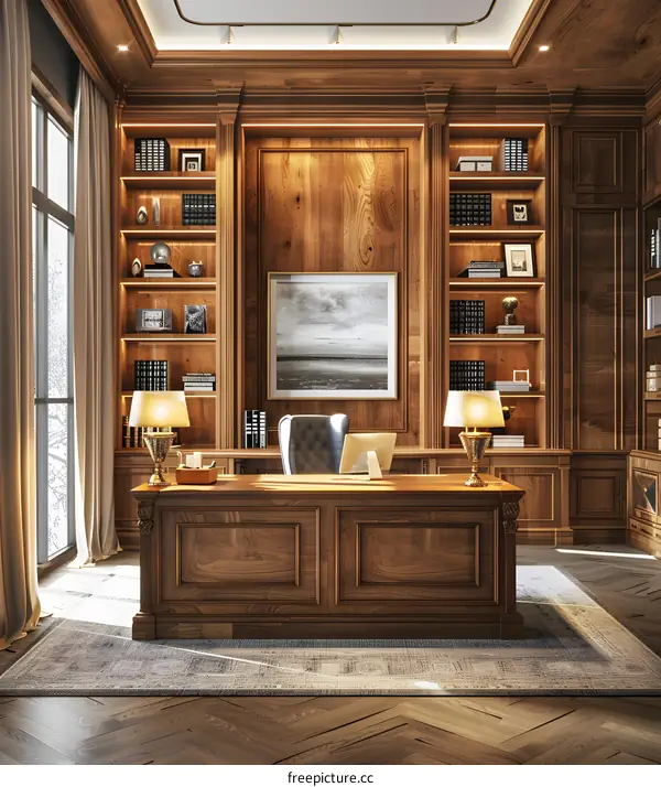 Luxury wooden home office library with large windows
