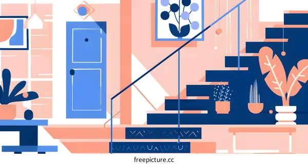 Abstract Illustration of a Modern Home Interior with Stairs and Plants