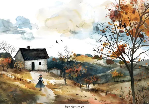Autumn Landscape Watercolor Illustration with Woman Walking on Path