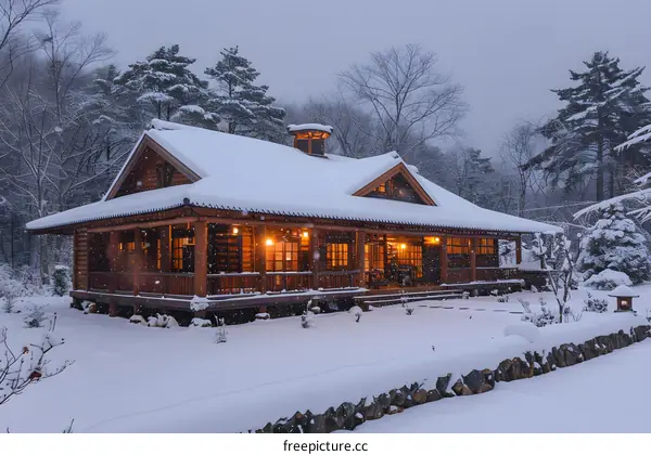 Snow Covered Log Cabin in Winter