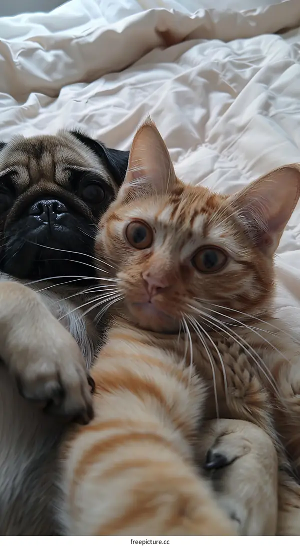 A Pug and an Orange Cat Relaxing on a Bed