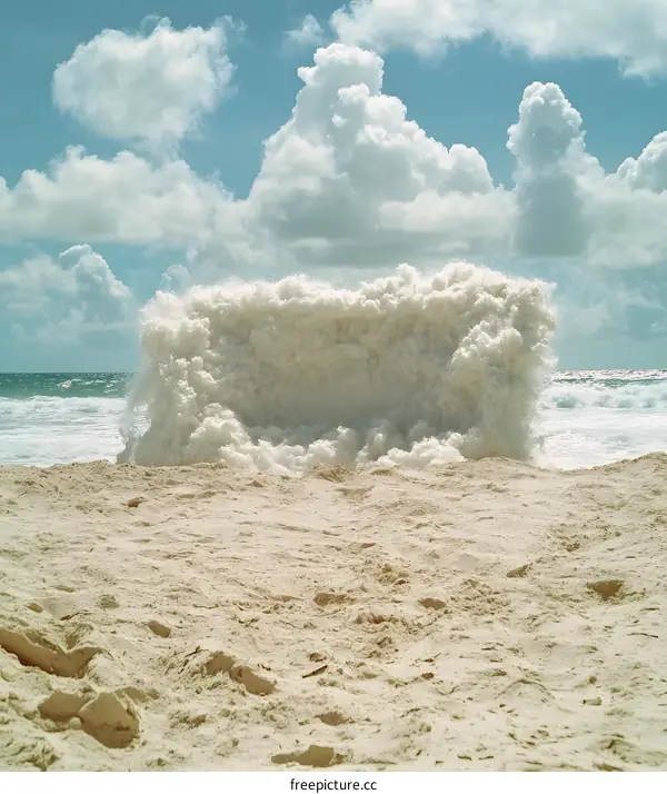 White Sea Foam Wall on a Beach Under a Blue Sky