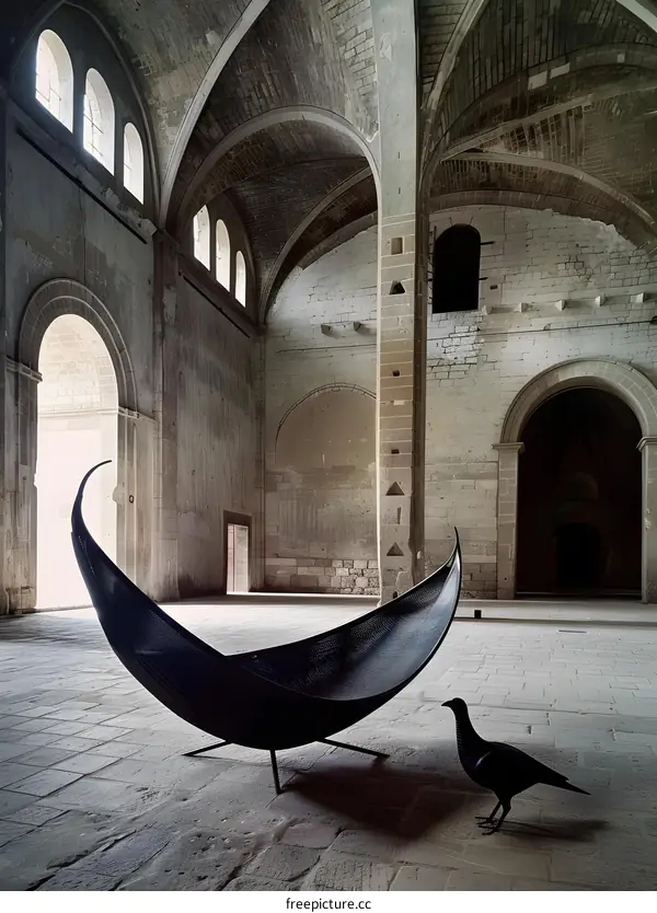 Black Sculpture in Ancient Stone Building