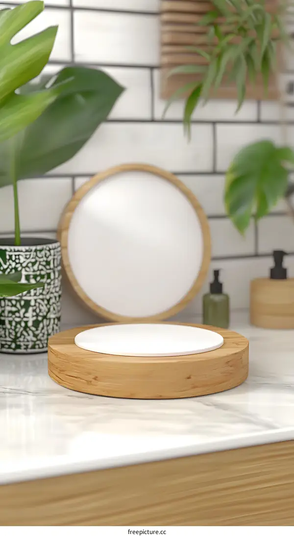 Minimalist Wooden Product Display Stand With Green Plants