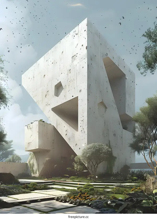 A concrete structure with a large opening in the front