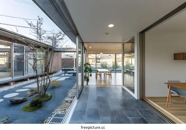 Modern Japanese Home with Glass Sliding Doors and Courtyard Garden