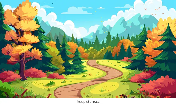Autumn Forest Path With Mountain View